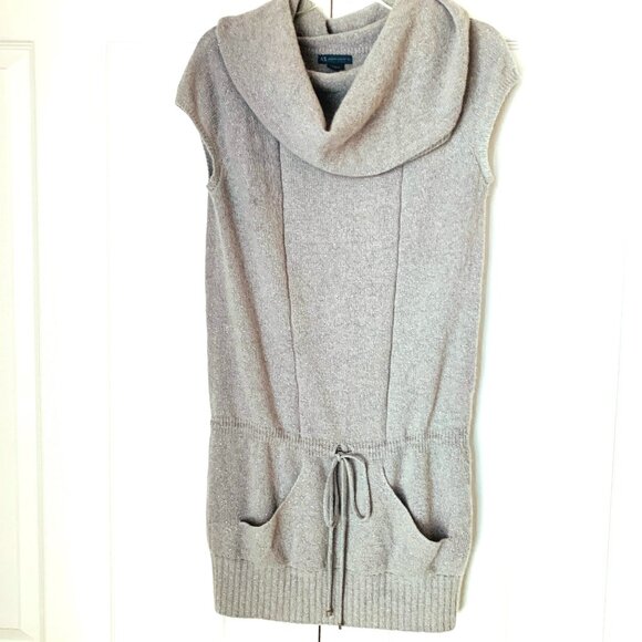 AX ARMANI EXCHANGE Designer Dress Tunic Grey Silver Thread Short Cap Sleeve Sz L - Picture 1 of 9